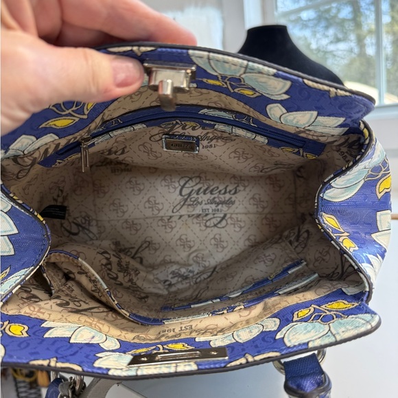 GUESS two way blue Floral Satchel with silver Accents - Picture 7 of 11